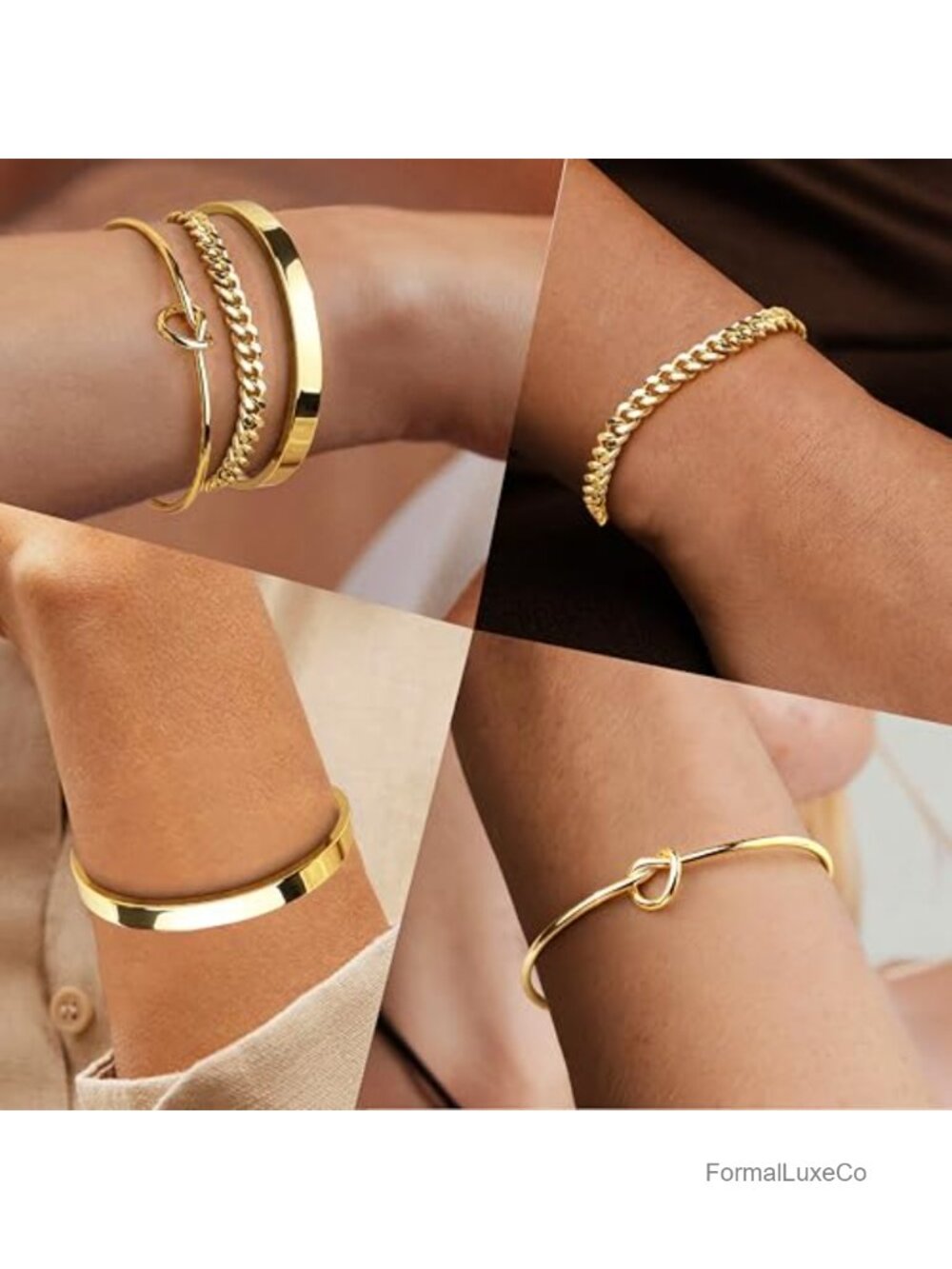 Dainty 14K Gold Cuban Forever Love Knot Bangle Cuff Bracelet Set - Picture 3 of 6
